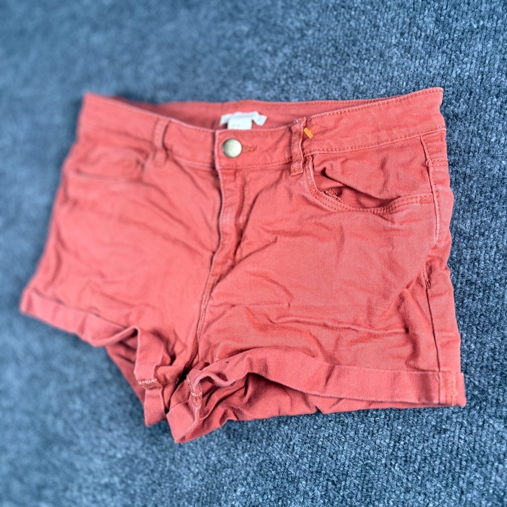 H&M Boyfriend Shorts Womens 28 Orange Denim Cotton‎ Stretch 5 Pockets Cuffed Hem
